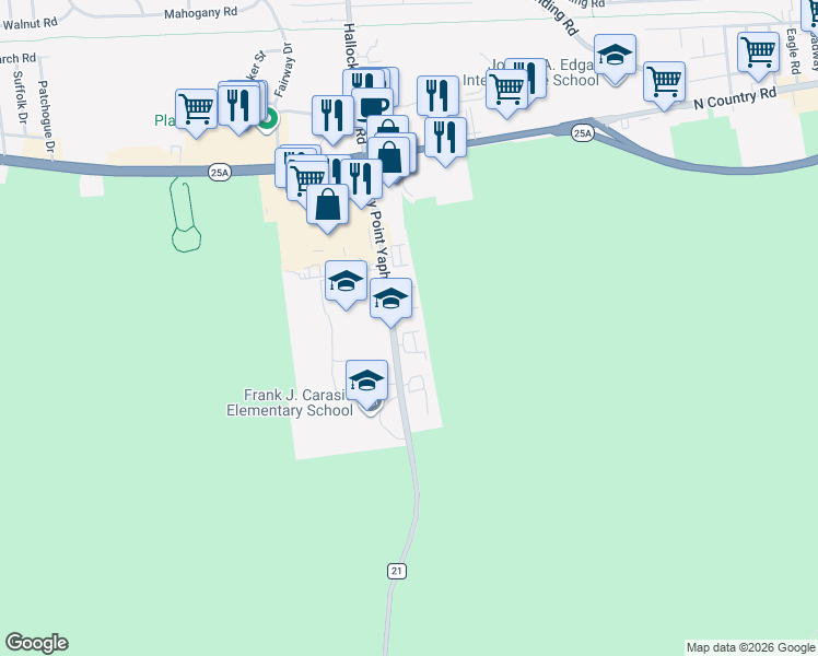 map of restaurants, bars, coffee shops, grocery stores, and more near 69 Rocky Point Yaphank Road in Rocky Point