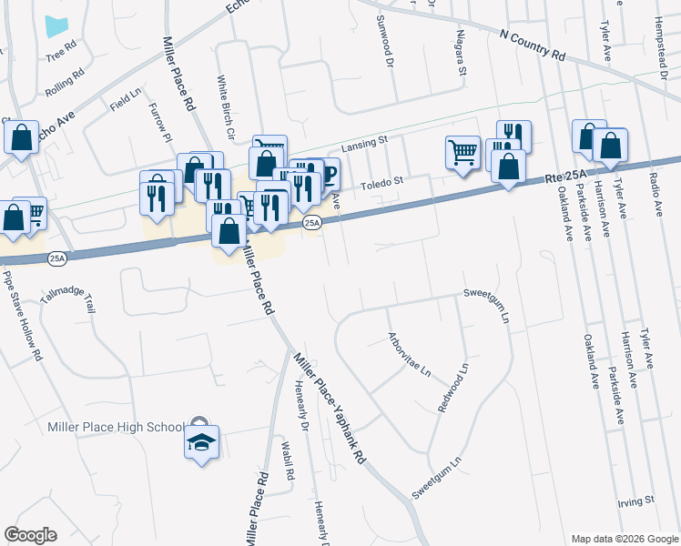 map of restaurants, bars, coffee shops, grocery stores, and more near 5 Azalea Court in Miller Place