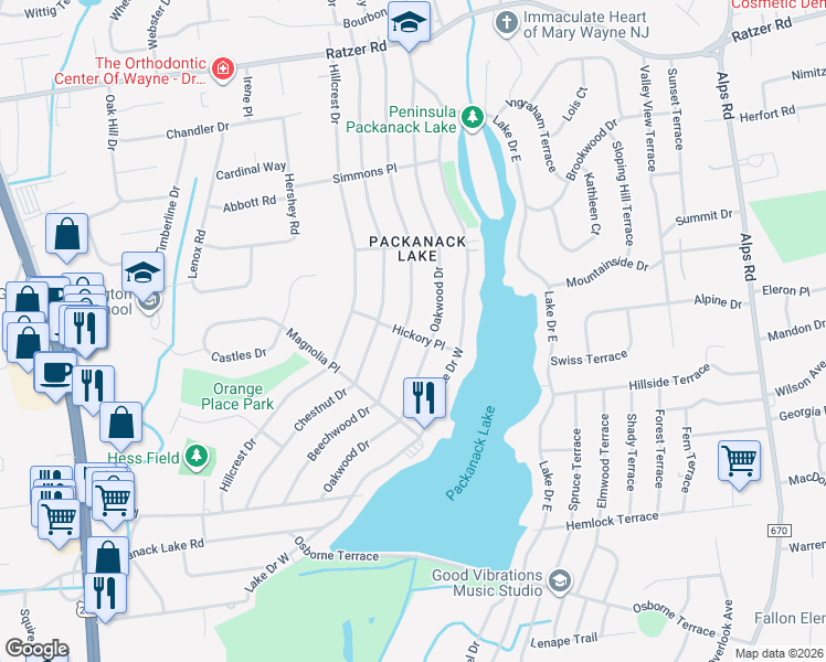 map of restaurants, bars, coffee shops, grocery stores, and more near 73 Oakwood Drive in Wayne