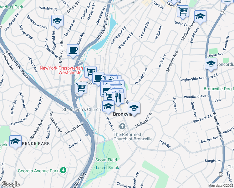 map of restaurants, bars, coffee shops, grocery stores, and more near 1 Cedar Street in Bronxville