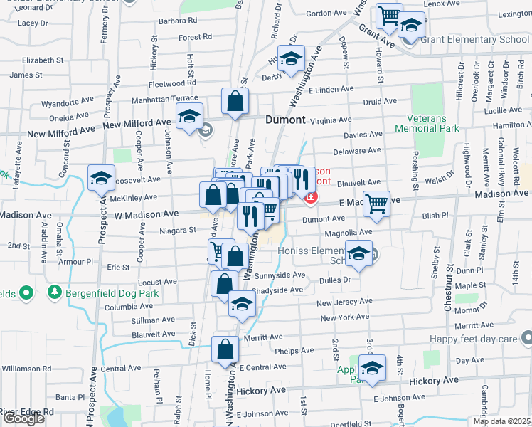 map of restaurants, bars, coffee shops, grocery stores, and more near 149 Washington Avenue in Dumont
