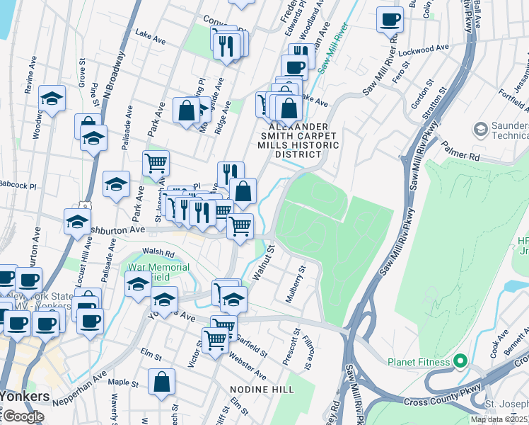 map of restaurants, bars, coffee shops, grocery stores, and more near 25 Saw Mill River Road in Yonkers