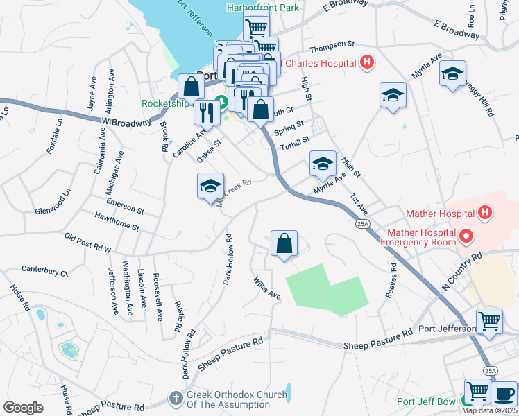 map of restaurants, bars, coffee shops, grocery stores, and more near 128 Liberty Avenue in Port Jefferson