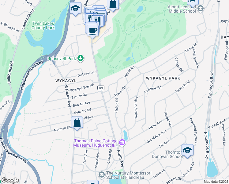 map of restaurants, bars, coffee shops, grocery stores, and more near 35 Avon Road in New Rochelle