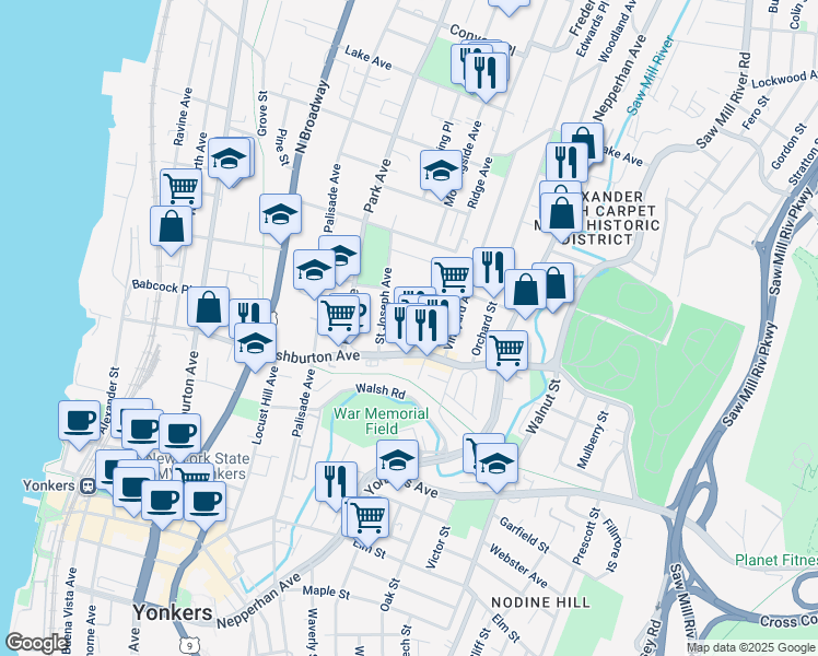 map of restaurants, bars, coffee shops, grocery stores, and more near 116 Loehr Place in Yonkers