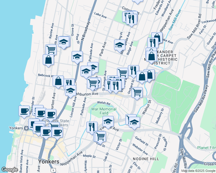 map of restaurants, bars, coffee shops, grocery stores, and more near 116 Loehr Place in Yonkers