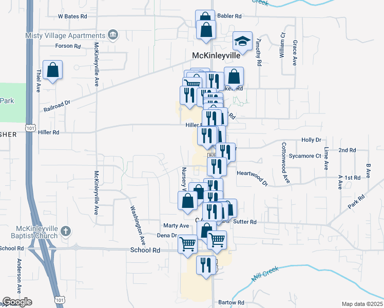 map of restaurants, bars, coffee shops, grocery stores, and more near 1585 Heartwood Drive in McKinleyville