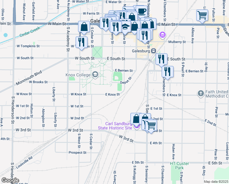 map of restaurants, bars, coffee shops, grocery stores, and more near 109 East Knox Street in Galesburg