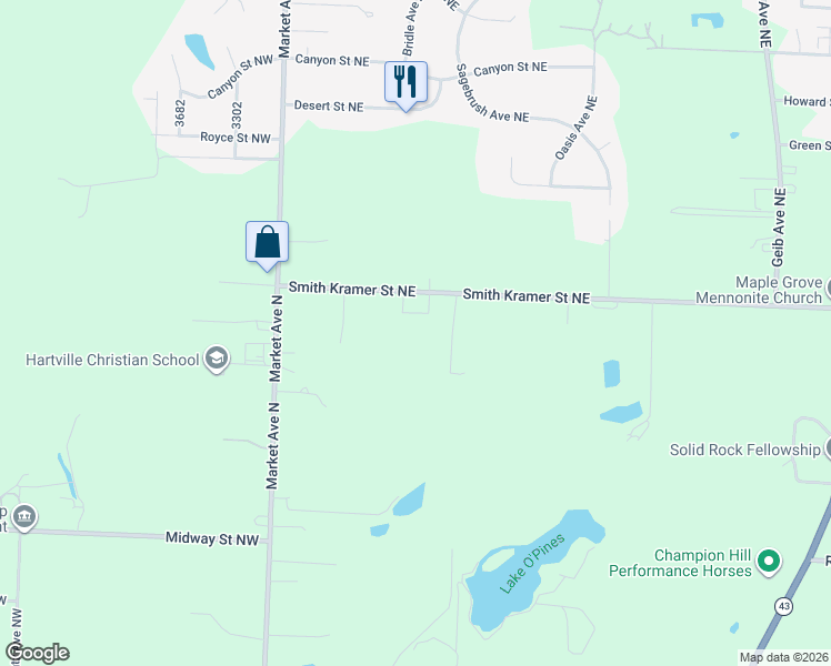 map of restaurants, bars, coffee shops, grocery stores, and more near 1264 Smith Kramer Street Northeast in Hartville