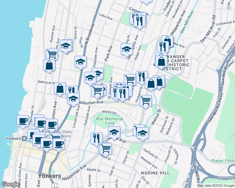 map of restaurants, bars, coffee shops, grocery stores, and more near 116 Loehr Place in Yonkers