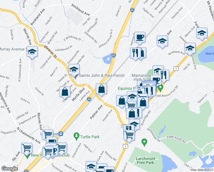 map of restaurants, bars, coffee shops, grocery stores, and more near 45 Harmon Drive in Larchmont