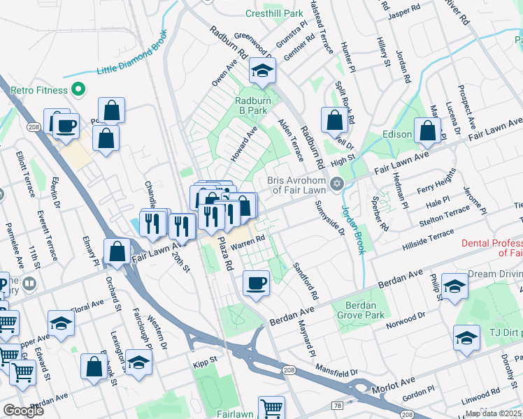 map of restaurants, bars, coffee shops, grocery stores, and more near 25-31 Fair Lawn Avenue in Fair Lawn
