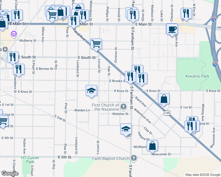 map of restaurants, bars, coffee shops, grocery stores, and more near 1400 East Brooks Street in Galesburg