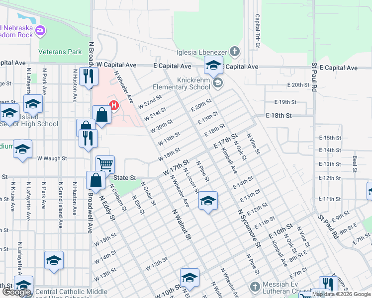 map of restaurants, bars, coffee shops, grocery stores, and more near 106 East 18th Street in Grand Island
