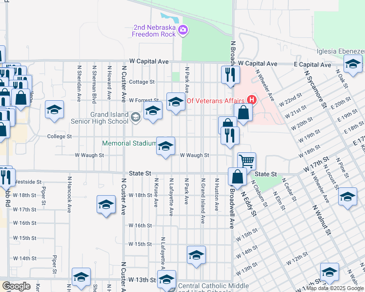 map of restaurants, bars, coffee shops, grocery stores, and more near 2148-2198 College Street in Grand Island