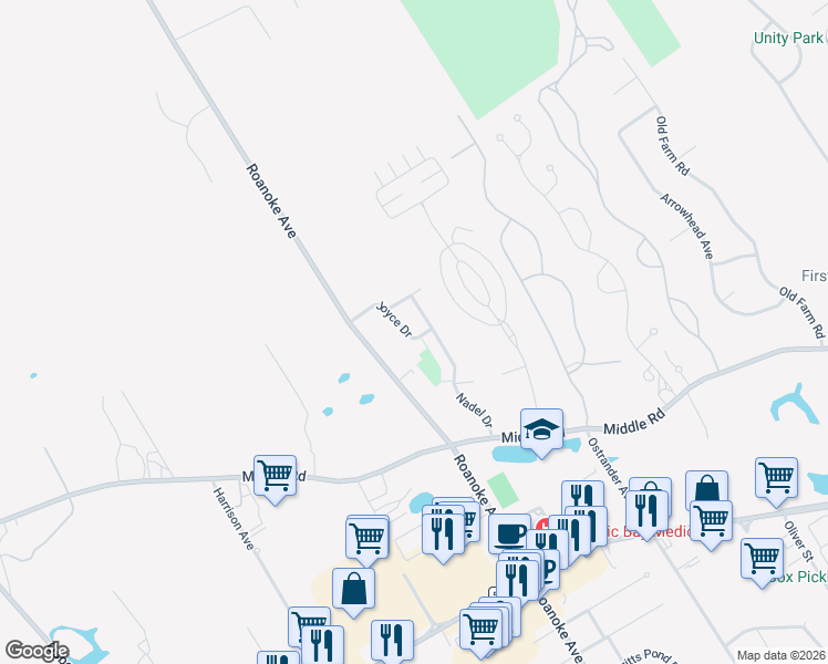 map of restaurants, bars, coffee shops, grocery stores, and more near 128 Nadel Drive in Riverhead