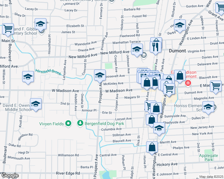 map of restaurants, bars, coffee shops, grocery stores, and more near 106 McKinley Avenue in Dumont