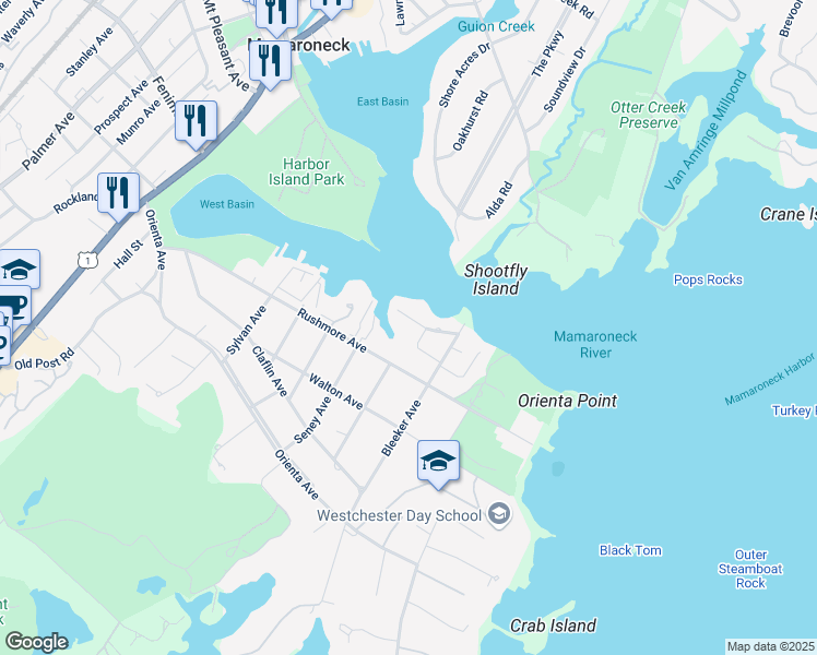 map of restaurants, bars, coffee shops, grocery stores, and more near 720 The Crescent in Mamaroneck