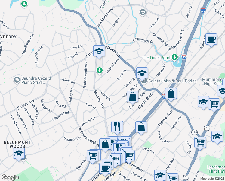 map of restaurants, bars, coffee shops, grocery stores, and more near 12 Byron Lane in Larchmont