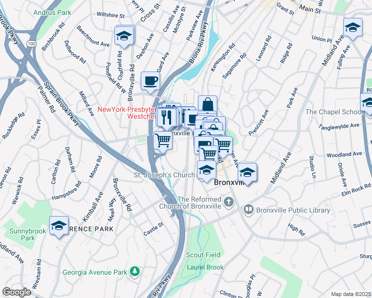 map of restaurants, bars, coffee shops, grocery stores, and more near 125 Parkway Road in Bronxville