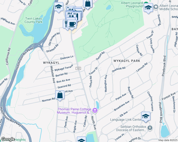 map of restaurants, bars, coffee shops, grocery stores, and more near 35 Avon Road in New Rochelle