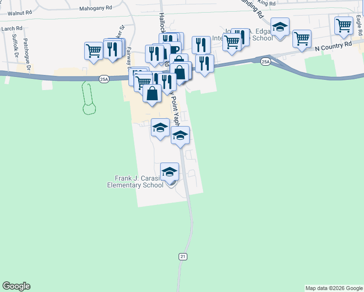 map of restaurants, bars, coffee shops, grocery stores, and more near 61 Rocky Point Yaphank Road in Rocky Point