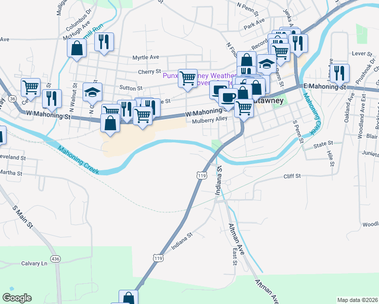 map of restaurants, bars, coffee shops, grocery stores, and more near 130 Maple Avenue in Punxsutawney