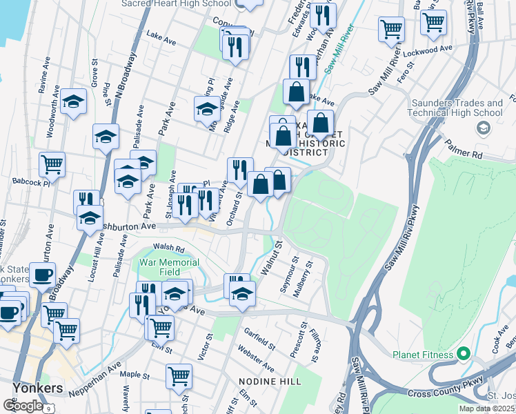 map of restaurants, bars, coffee shops, grocery stores, and more near 15 Myrtle Street in Yonkers