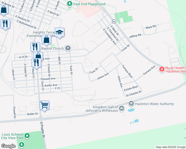 map of restaurants, bars, coffee shops, grocery stores, and more near 148 Coxe St in Hazleton