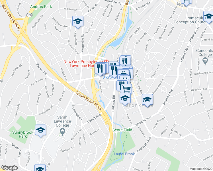 map of restaurants, bars, coffee shops, grocery stores, and more near 25 Milburn Street in Bronxville
