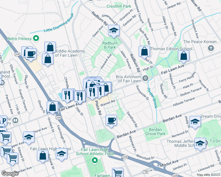 map of restaurants, bars, coffee shops, grocery stores, and more near 302 High Street in Fair Lawn