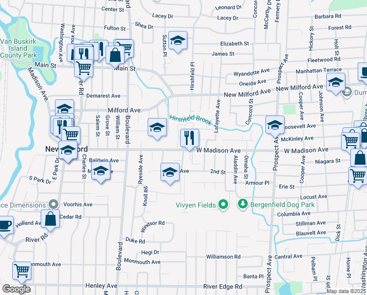 map of restaurants, bars, coffee shops, grocery stores, and more near 425 Madison Avenue in New Milford