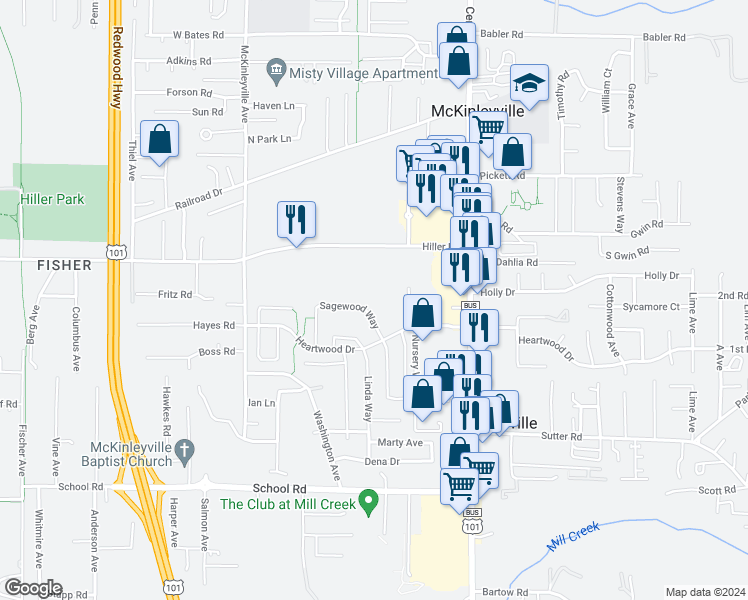 map of restaurants, bars, coffee shops, grocery stores, and more near 1976 Sagewood Way in McKinleyville