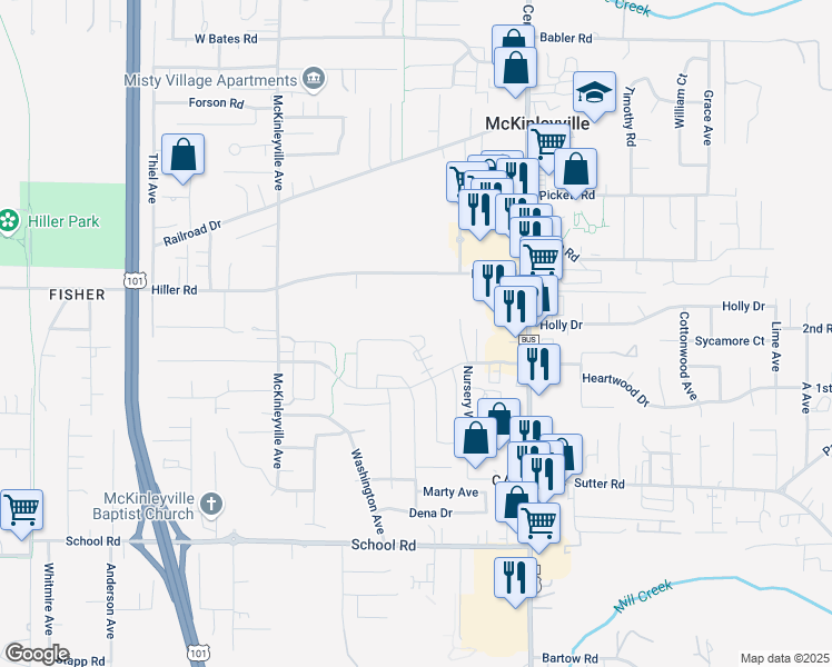 map of restaurants, bars, coffee shops, grocery stores, and more near 1976 Sagewood Way in McKinleyville