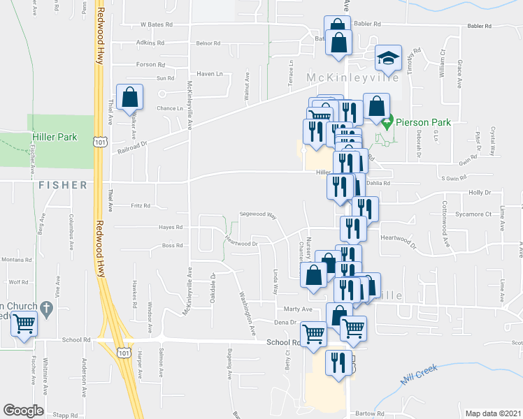 map of restaurants, bars, coffee shops, grocery stores, and more near 1976 Sagewood Way in McKinleyville
