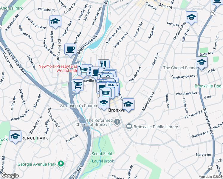 map of restaurants, bars, coffee shops, grocery stores, and more near 65 Pondfield Road in Bronxville
