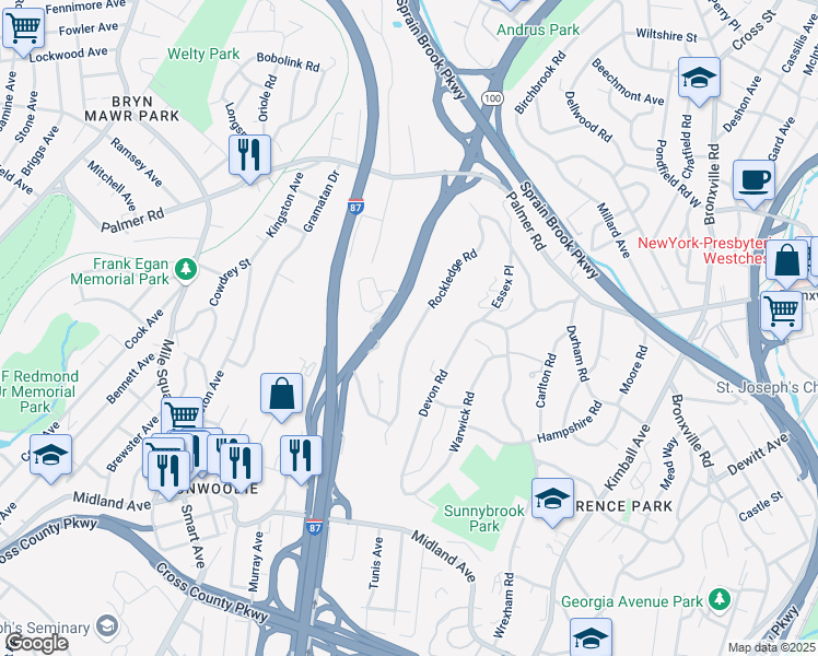 map of restaurants, bars, coffee shops, grocery stores, and more near 1160 Central Park Avenue in Yonkers