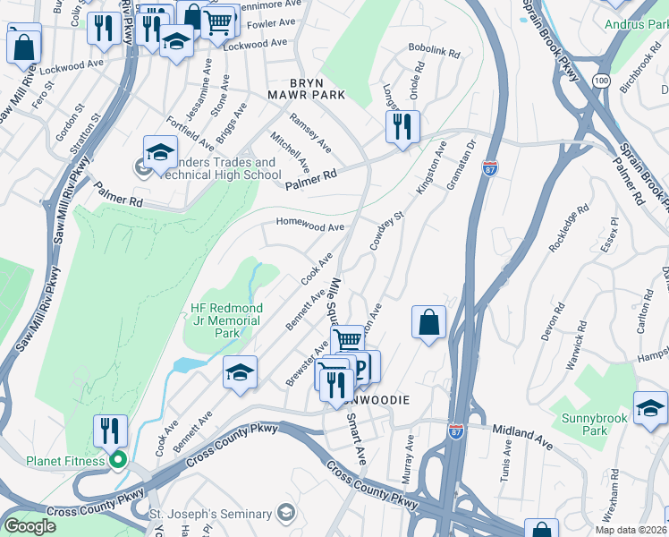 map of restaurants, bars, coffee shops, grocery stores, and more near 444 Mile Square Road in Yonkers