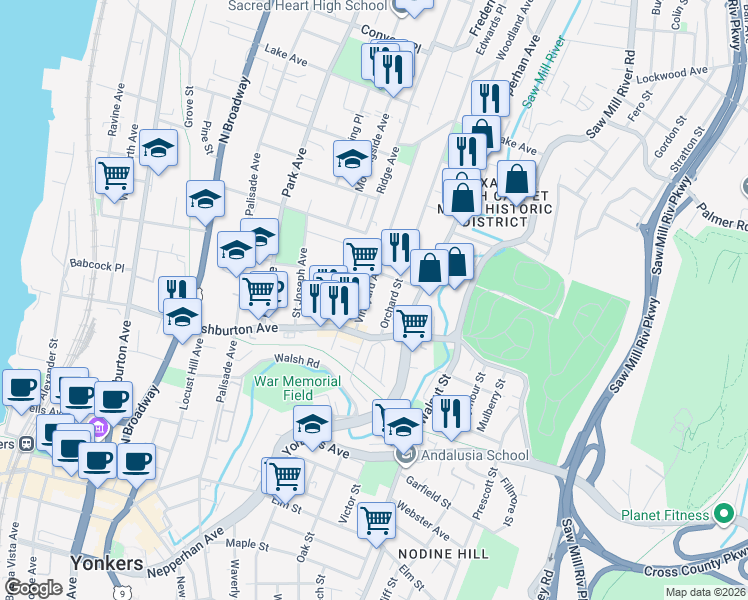 map of restaurants, bars, coffee shops, grocery stores, and more near 2 Myrtle Street in Yonkers