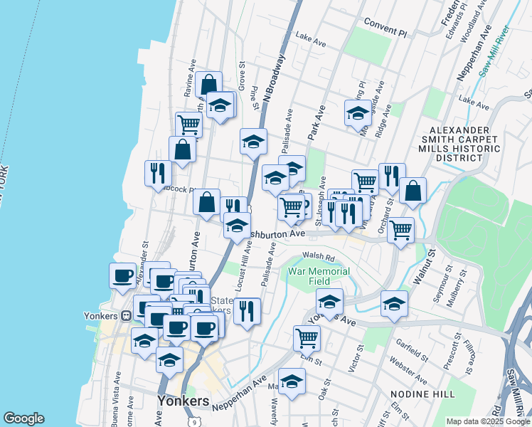 map of restaurants, bars, coffee shops, grocery stores, and more near 190 North Broadway in Yonkers