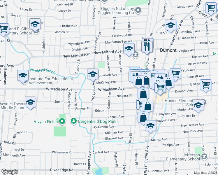 map of restaurants, bars, coffee shops, grocery stores, and more near 106 McKinley Avenue in Dumont