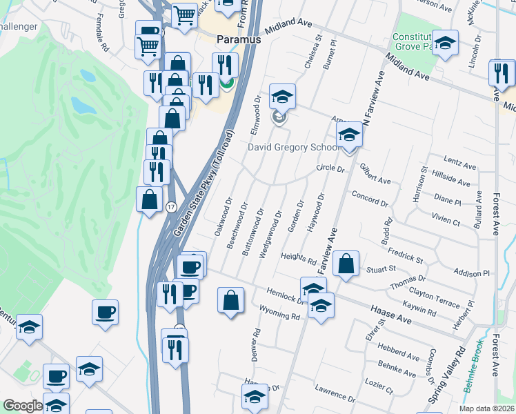 map of restaurants, bars, coffee shops, grocery stores, and more near 300 Buttonwood Drive in Paramus