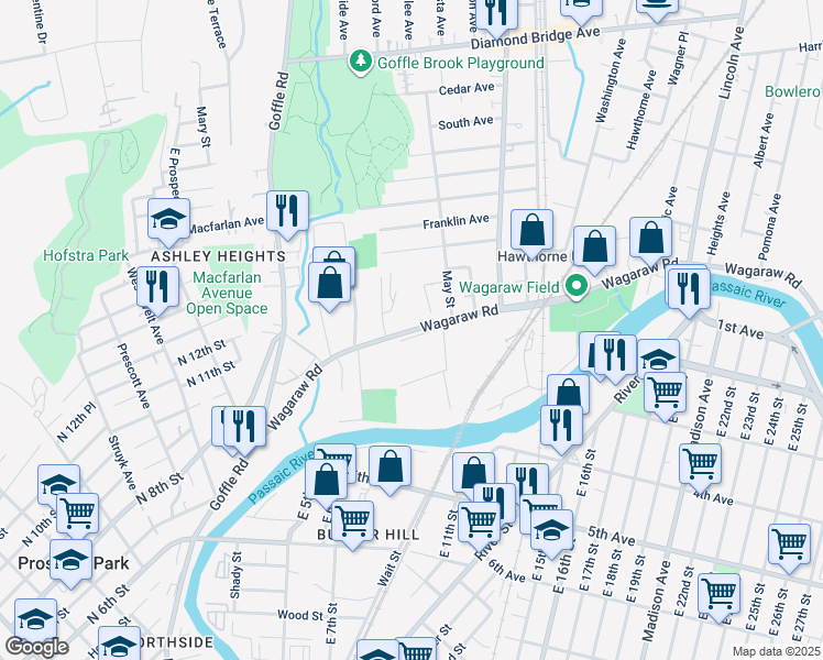 map of restaurants, bars, coffee shops, grocery stores, and more near 32 May Street in Hawthorne