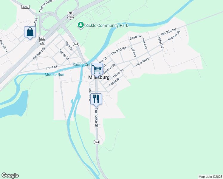 map of restaurants, bars, coffee shops, grocery stores, and more near 404 Centre Street in Bellefonte