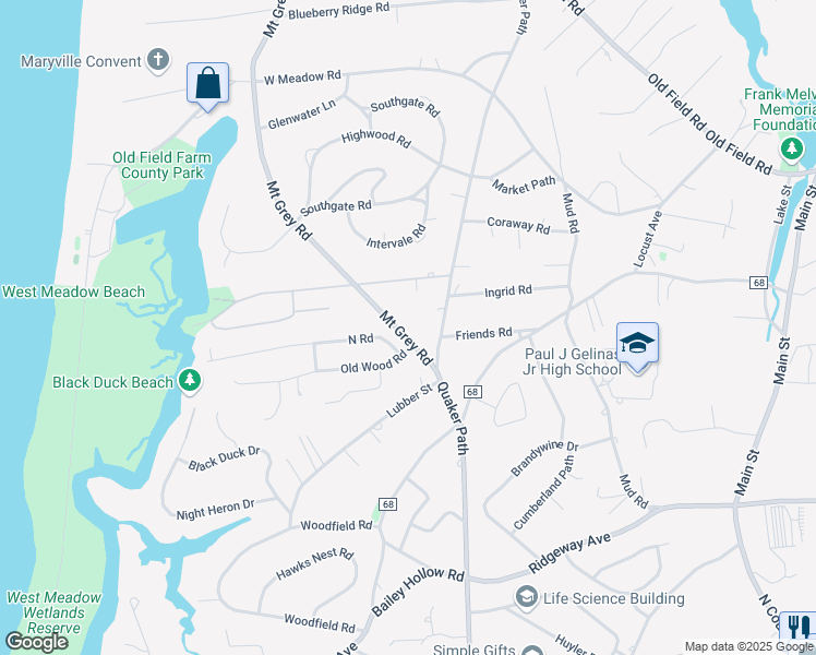 map of restaurants, bars, coffee shops, grocery stores, and more near 7 Mount Grey Road in Stony Brook