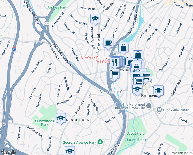 map of restaurants, bars, coffee shops, grocery stores, and more near 931 Palmer Road in Yonkers