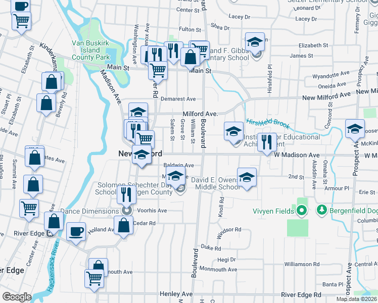 map of restaurants, bars, coffee shops, grocery stores, and more near 354 William Street in New Milford