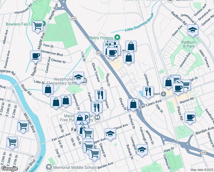 map of restaurants, bars, coffee shops, grocery stores, and more near 16-07 Eberlin Drive in Fair Lawn