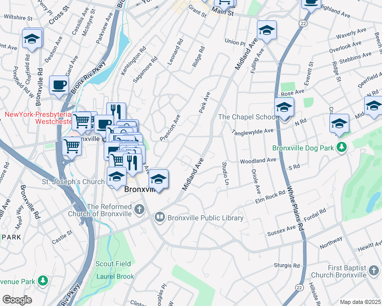 map of restaurants, bars, coffee shops, grocery stores, and more near 8 Vine Street in Bronxville