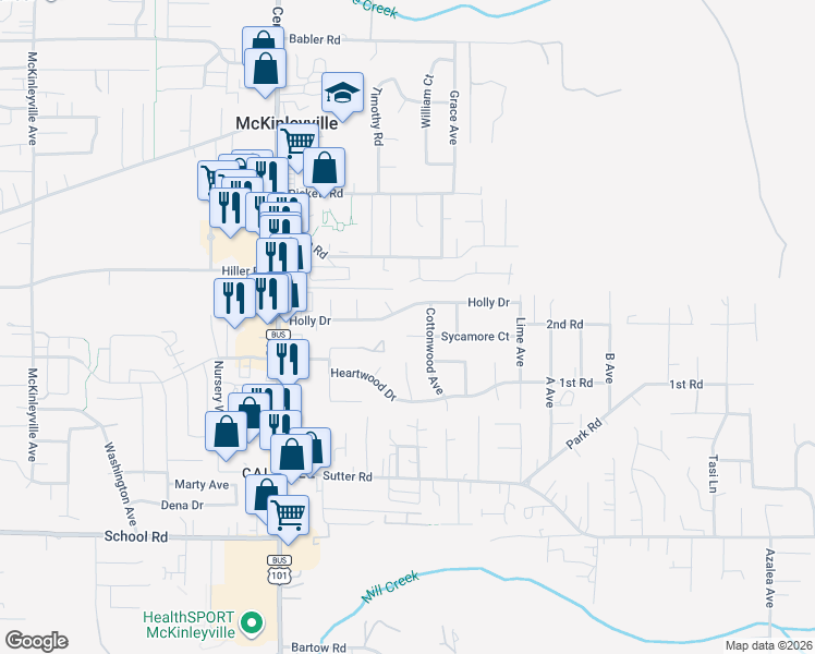 map of restaurants, bars, coffee shops, grocery stores, and more near 1972 Evergreen Court in McKinleyville